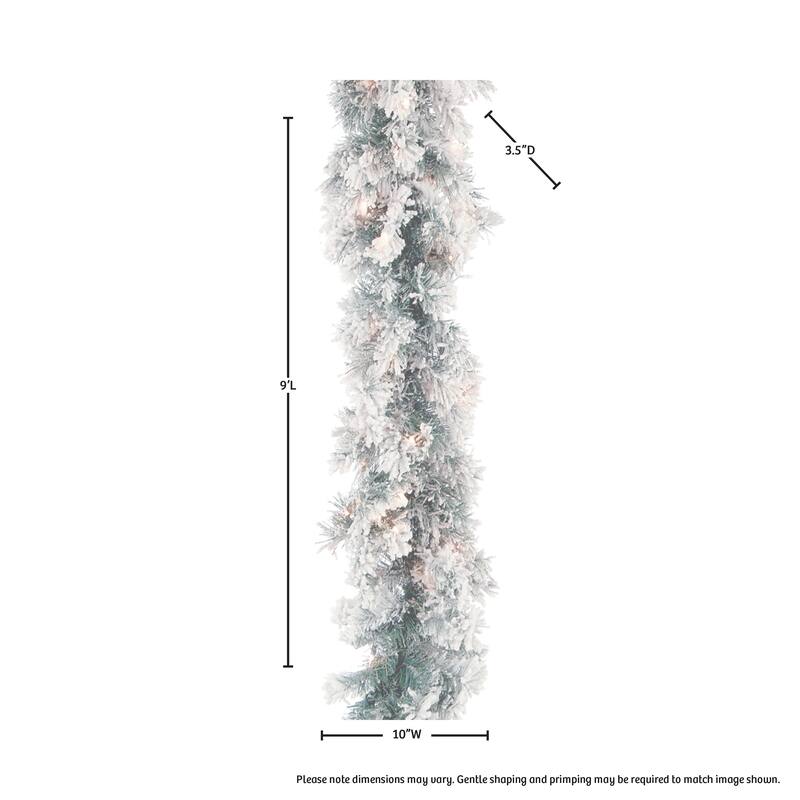 9'x10" Prelit Flock Furry Pine Garland Green White 9'L x 10"W